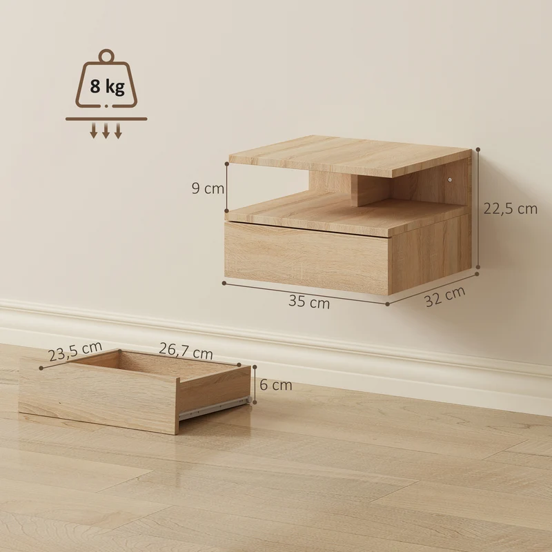 Lot de 2 tables de chevet suspendues 35 x 32 x 22,5 cm avec tiroir gain de place moderne en panneau de particules chêne 21_0001457