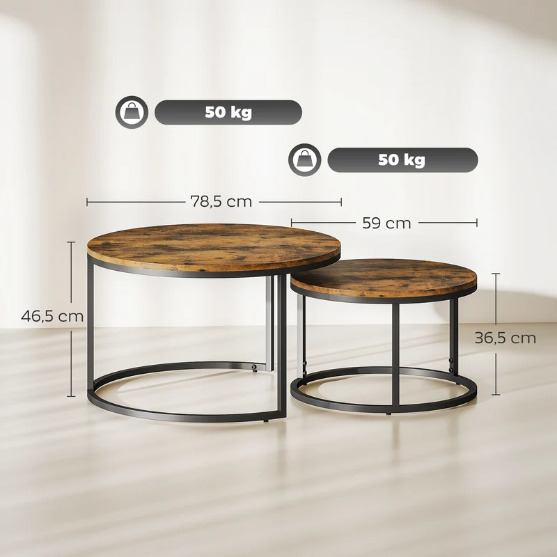 Lot de 2 tables basses gigognes 59 x 59 x 37 cm gain de place assemblage simple style industriel en MDF brun rustique 21_0001812