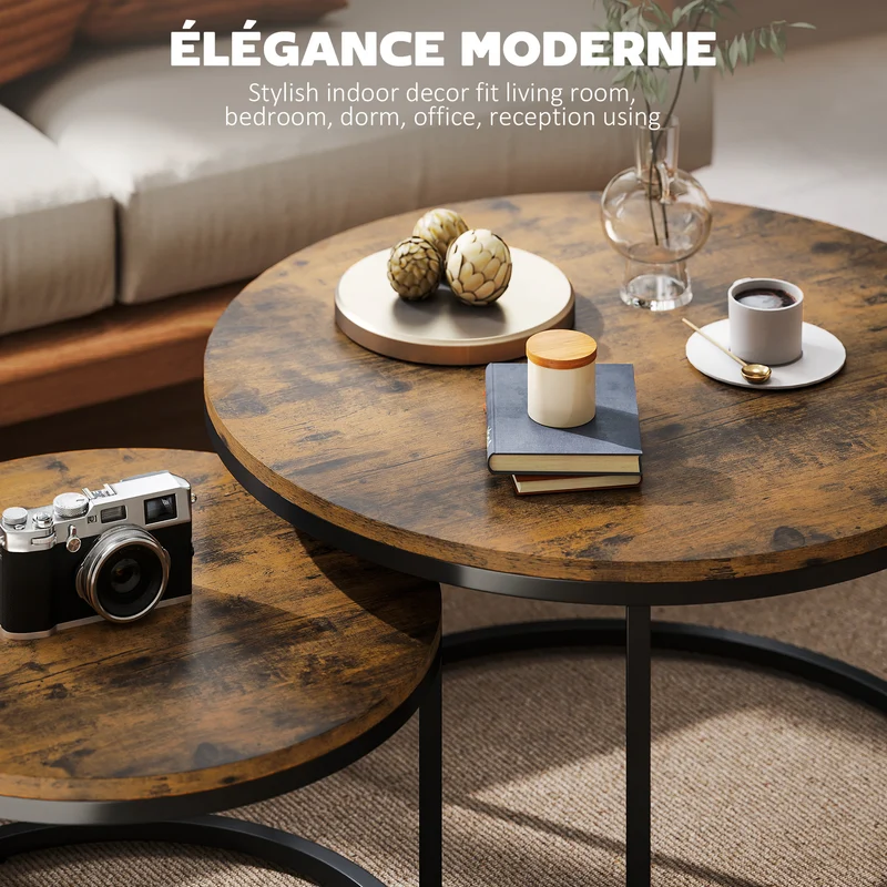 Lot de 2 tables basses gigognes 59 x 59 x 37 cm gain de place assemblage simple style industriel en MDF brun rustique 21_0001812