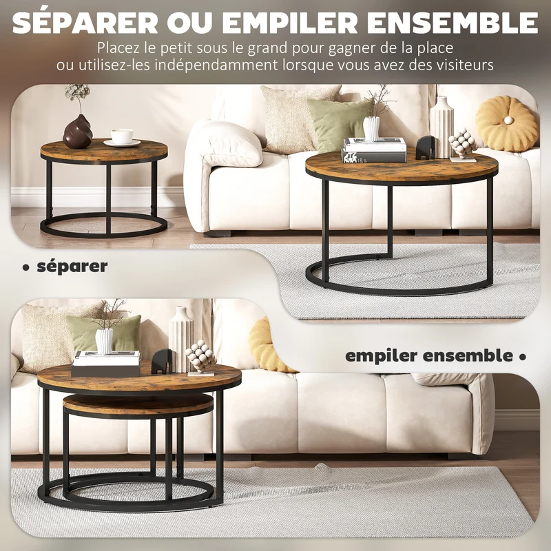 Lot de 2 tables basses gigognes 59 x 59 x 37 cm gain de place assemblage simple style industriel en MDF brun rustique 21_0001812