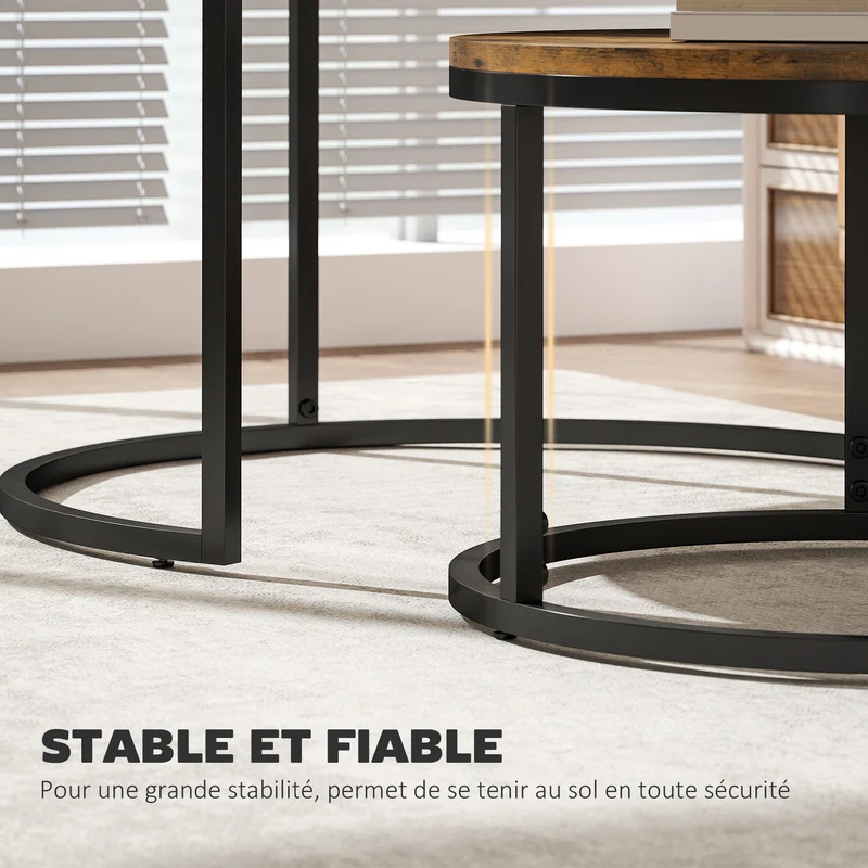 Lot de 2 tables basses gigognes 59 x 59 x 37 cm gain de place assemblage simple style industriel en MDF brun rustique 21_0001812