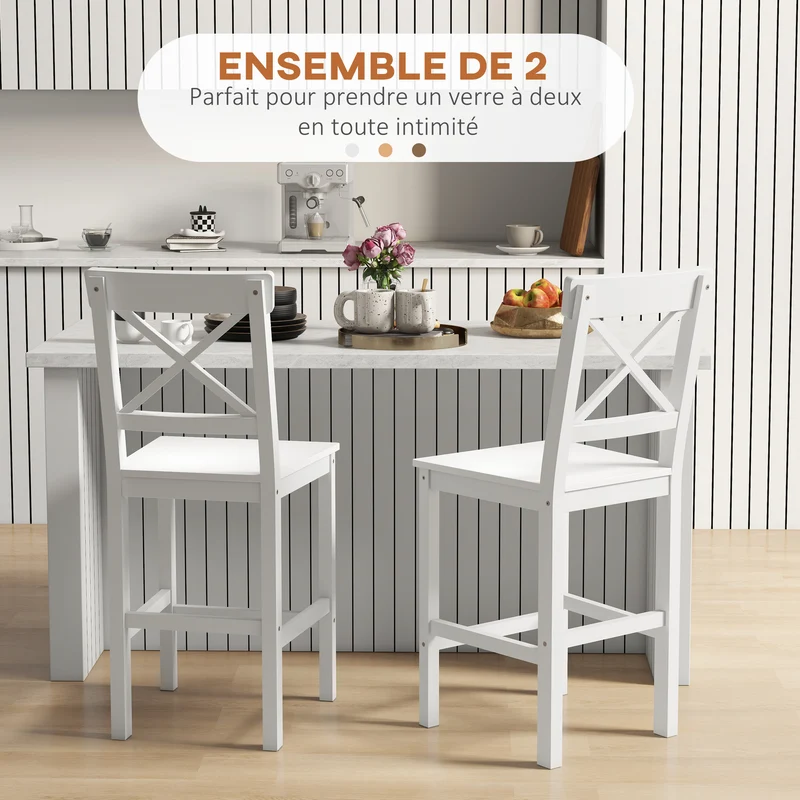 Lot de 2 chaises hautes de cuisine 41 x 46 x 97.5 cm dossier croix assise confortable rustique stables en bois blanc 21_0003229