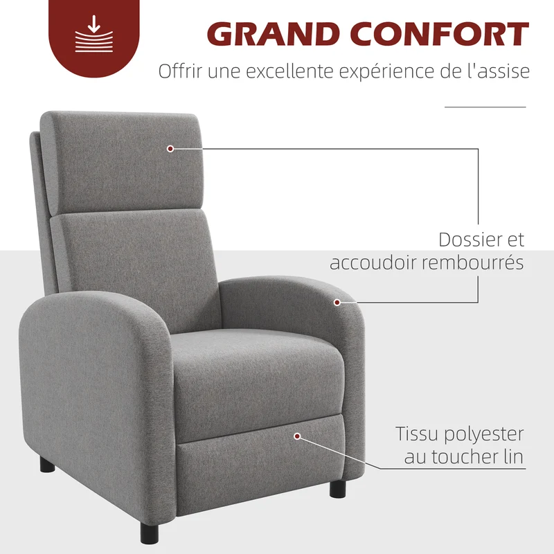 Fauteuil inclinable salon 64 x 86 x 102 cm repose-pieds intégré inclinaison 160° manuelle moderne en polyester gris 21_0003131