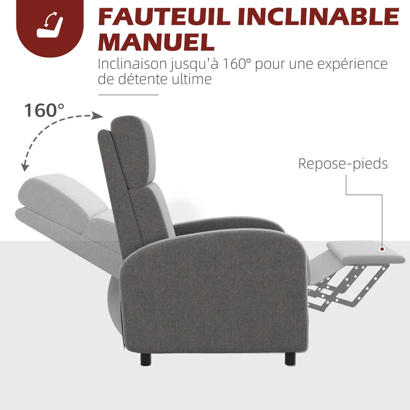 Fauteuil inclinable salon 64 x 86 x 102 cm repose-pieds intégré inclinaison 160° manuelle moderne en polyester gris 21_0003131