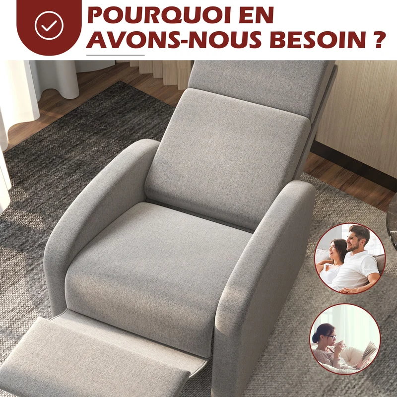 Fauteuil inclinable salon 64 x 86 x 102 cm repose-pieds intégré inclinaison 160° manuelle moderne en polyester gris 21_0003131