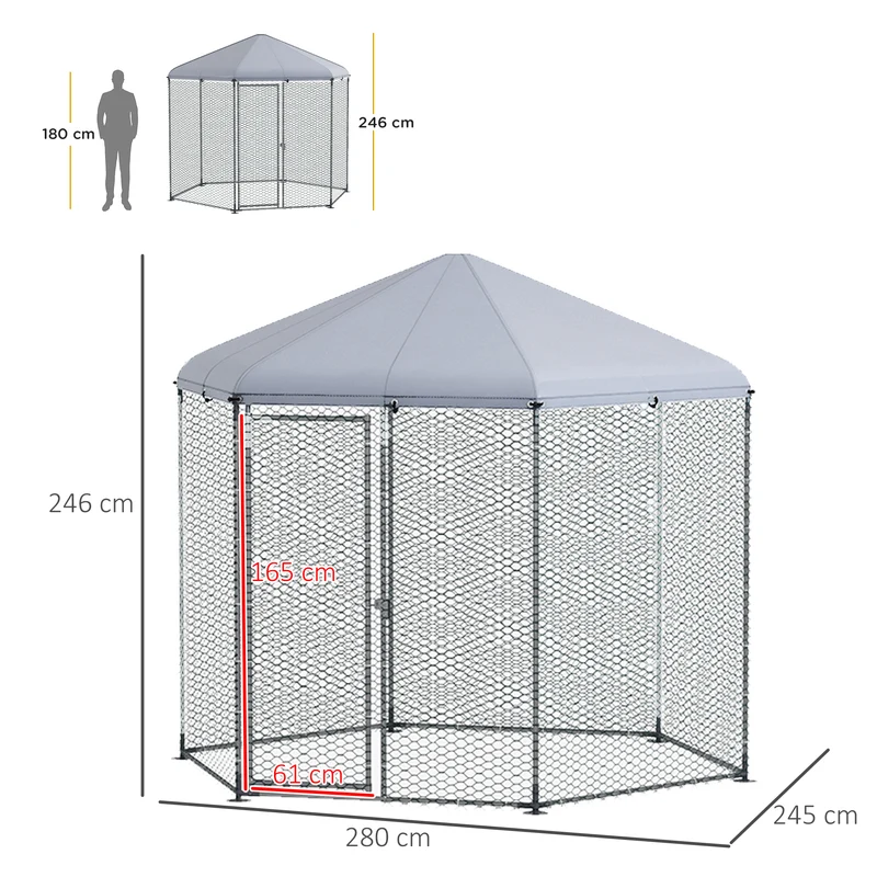 Enclos poulailler grillagé 280 x 245 x 246 cm protection sécurisée surface 5 m² espace abrité industriel en acier argent 21_0007971