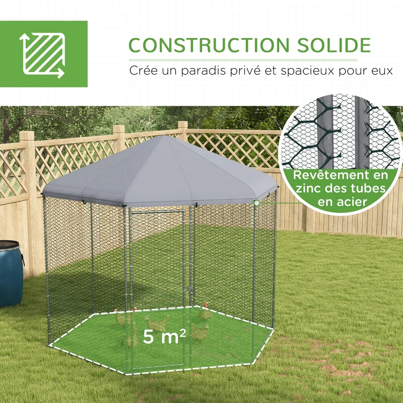 Enclos poulailler grillagé 280 x 245 x 246 cm protection sécurisée surface 5 m² espace abrité industriel en acier argent 21_0007971