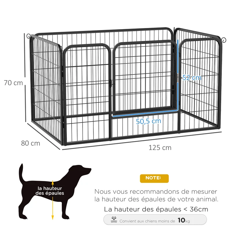 Enclos modulable pour chiens et petits animaux 125 x 125 x 70 cm pliable porte loquet moderne industriel en acier noir 21_0000799