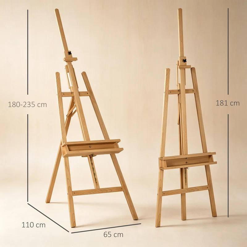 Chevalet de peinture sur pied 65 x 110 x 180-235 cm inclinaison 90-120° toile réglable stable épuré en bois naturel 21_0006107