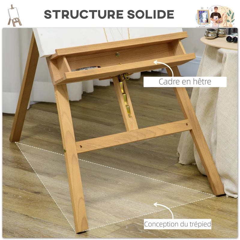 Chevalet de peinture sur pied 65 x 110 x 180-235 cm inclinaison 90-120° toile réglable stable épuré en bois naturel 21_0006107