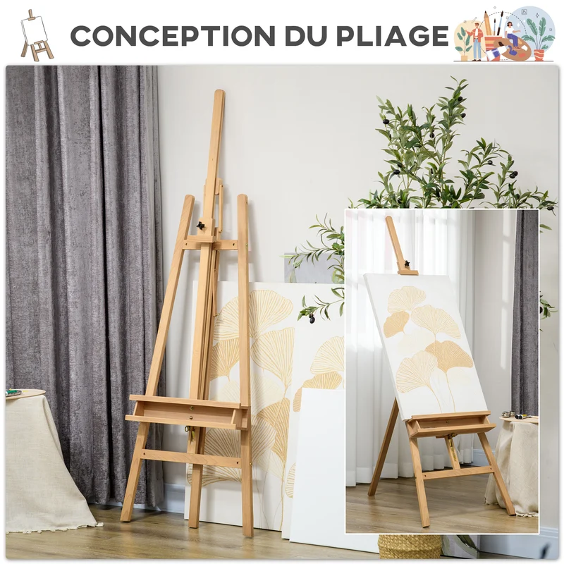 Chevalet de peinture sur pied 65 x 110 x 180-235 cm inclinaison 90-120° toile réglable stable épuré en bois naturel 21_0006107