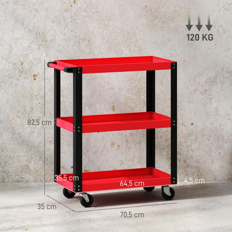 Chariot d'atelier servante garage 70,5 x 35 x 82,5 cm roulettes freinables grande capacité industriel en métal rouge 21_0006990