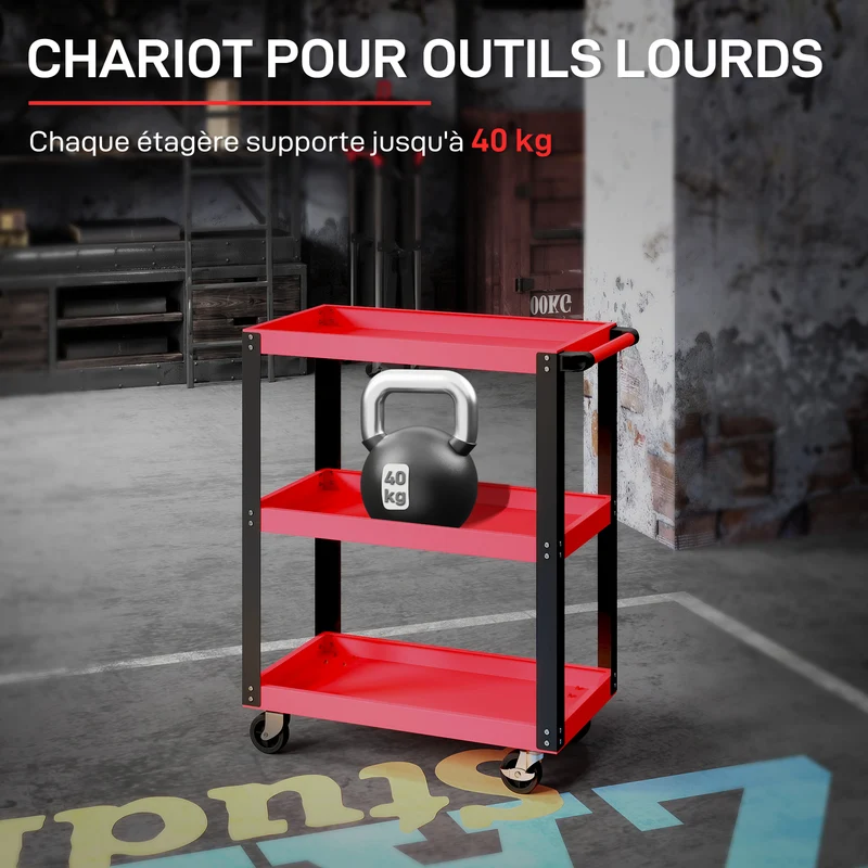 Chariot d'atelier servante garage 70,5 x 35 x 82,5 cm roulettes freinables grande capacité industriel en métal rouge 21_0006990