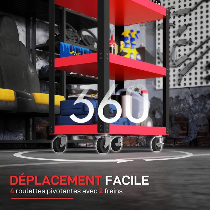 Chariot d'atelier servante garage 70,5 x 35 x 82,5 cm roulettes freinables grande capacité industriel en métal rouge 21_0006990