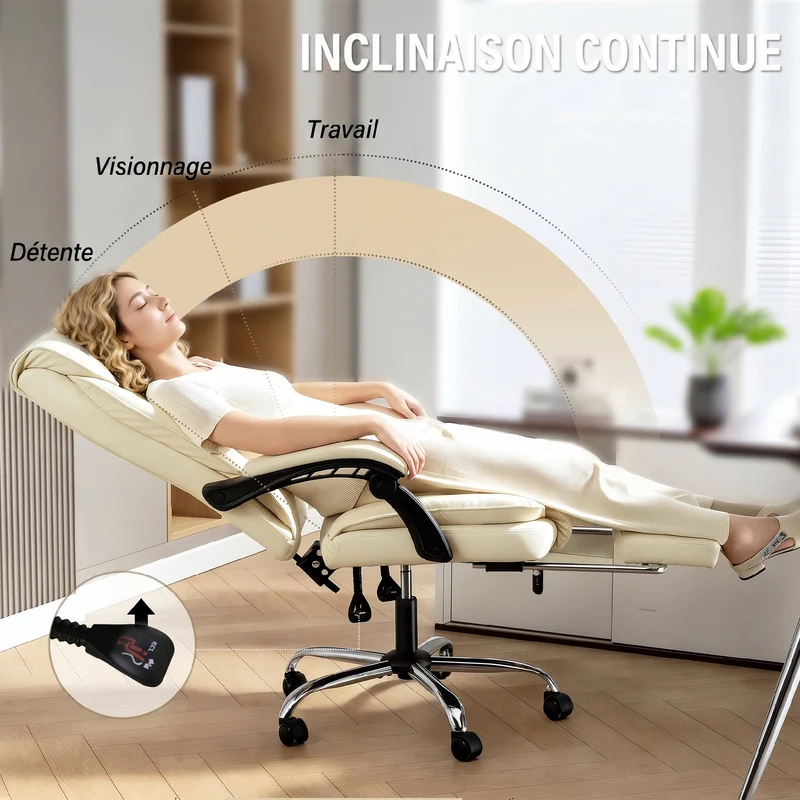 Chaise de bureau inclinable repose-pieds 66 x 72 x 121 cm inclinaison 155° design épuré salon en polyuréthane beige 21_0006327