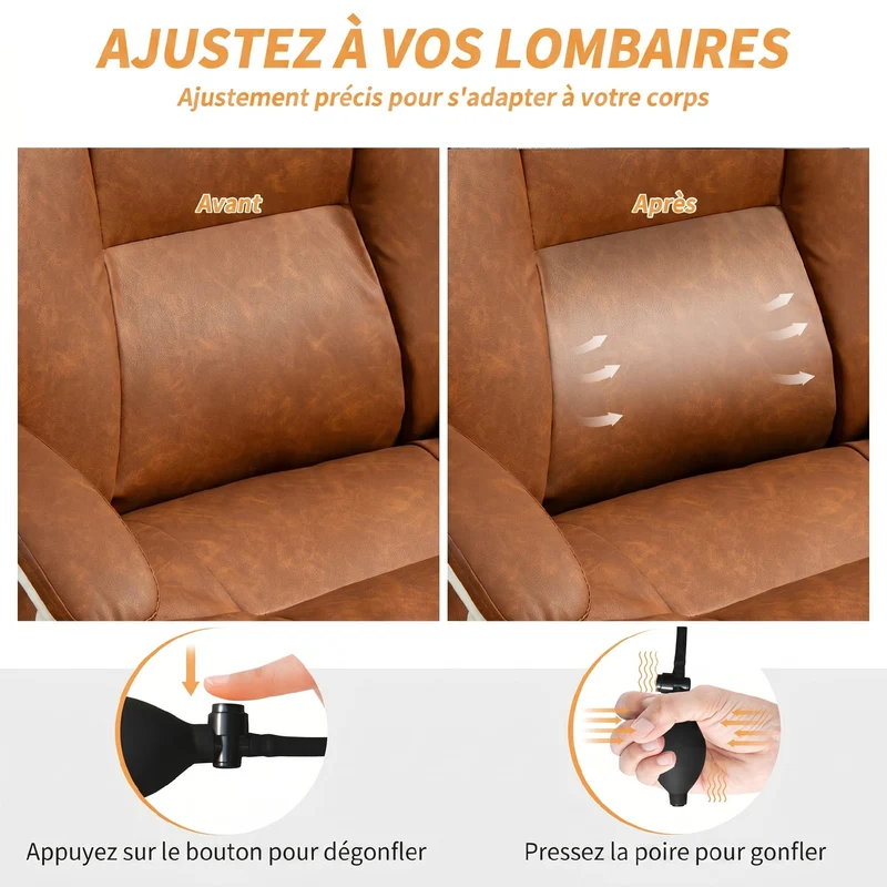 Chaise de bureau ergonomique 65 x 76 x 113-121 cm soutien lombaire gonflable inclinable design contemporain en PU marron 21_0006314