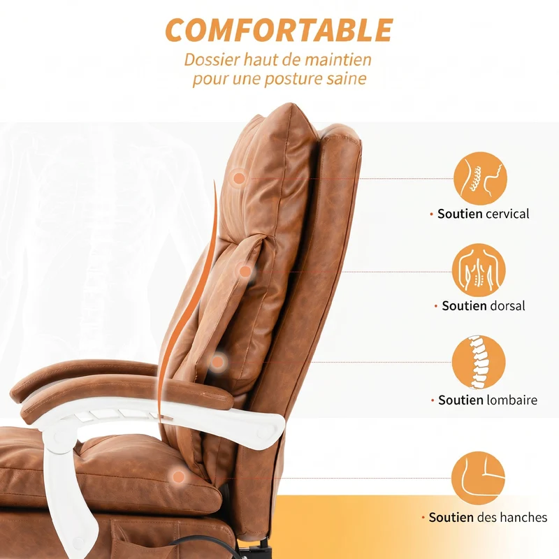 Chaise de bureau ergonomique 65 x 76 x 113-121 cm soutien lombaire gonflable inclinable design contemporain en PU marron 21_0006314