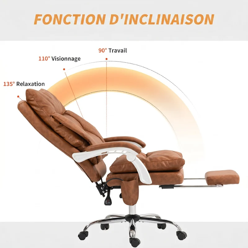 Chaise de bureau ergonomique 65 x 76 x 113-121 cm soutien lombaire gonflable inclinable design contemporain en PU marron 21_0006314