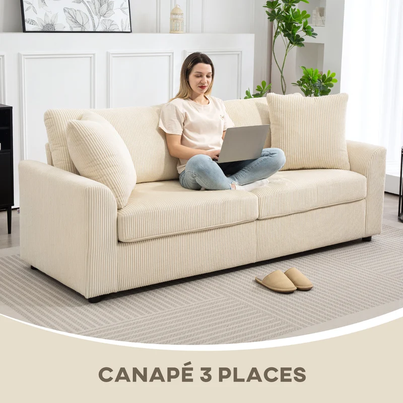 Canapé 3 places salon 212 x 80 x 88 cm assise mousse haute densité coussins à ressorts moderne en velours côtelé crème 21_0003498