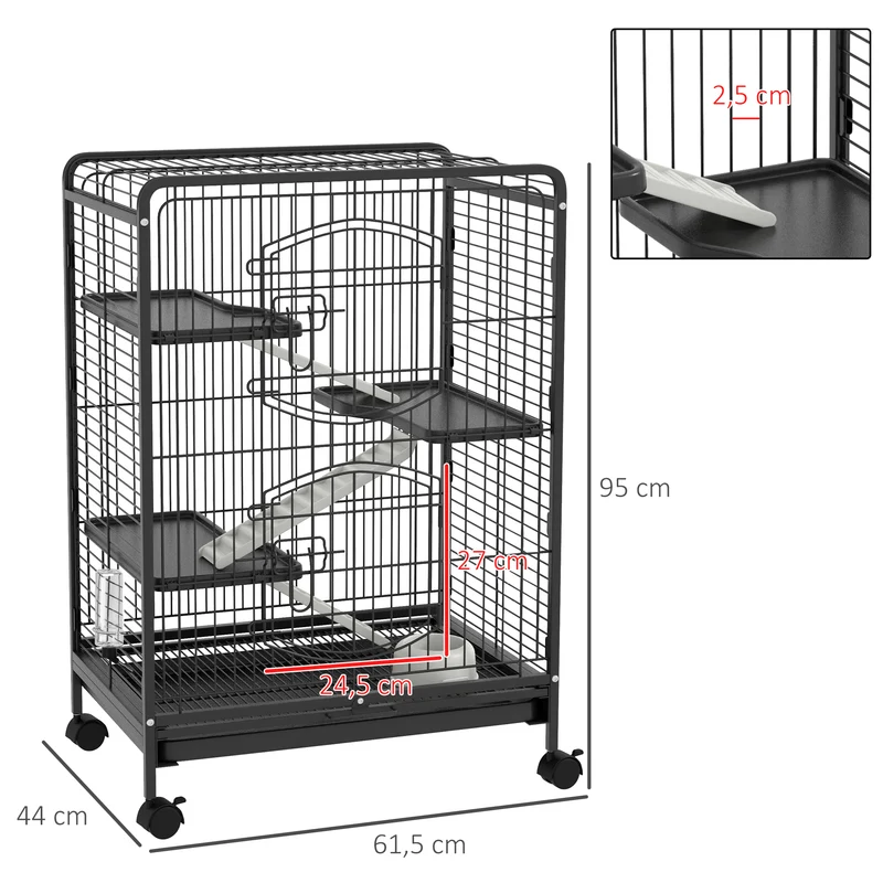 Cage pour rongeurs roulante 62 x 44 x 95 cm bac inférieur amovible et roulettes verrouillables moderne en acier noir 21_0007904