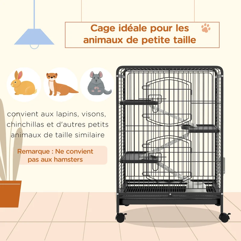 Cage pour rongeurs roulante 62 x 44 x 95 cm bac inférieur amovible et roulettes verrouillables moderne en acier noir 21_0007904