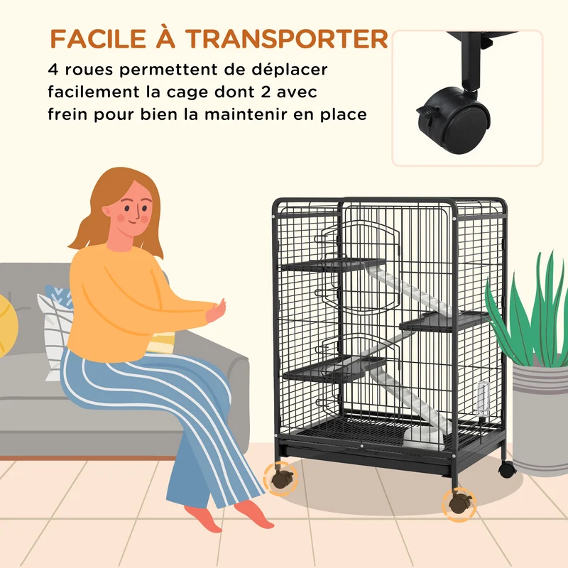 Cage pour rongeurs roulante 62 x 44 x 95 cm bac inférieur amovible et roulettes verrouillables moderne en acier noir 21_0007904