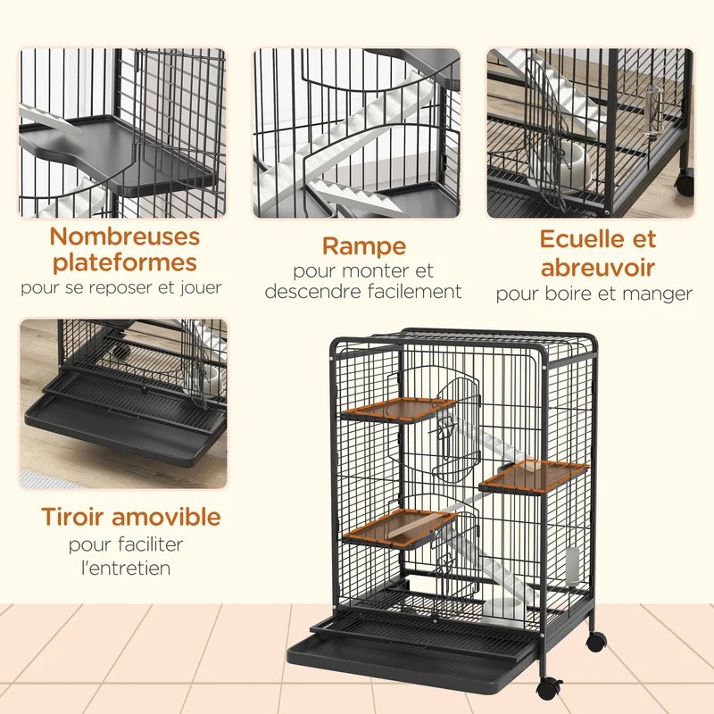 Cage pour rongeurs roulante 62 x 44 x 95 cm bac inférieur amovible et roulettes verrouillables moderne en acier noir 21_0007904