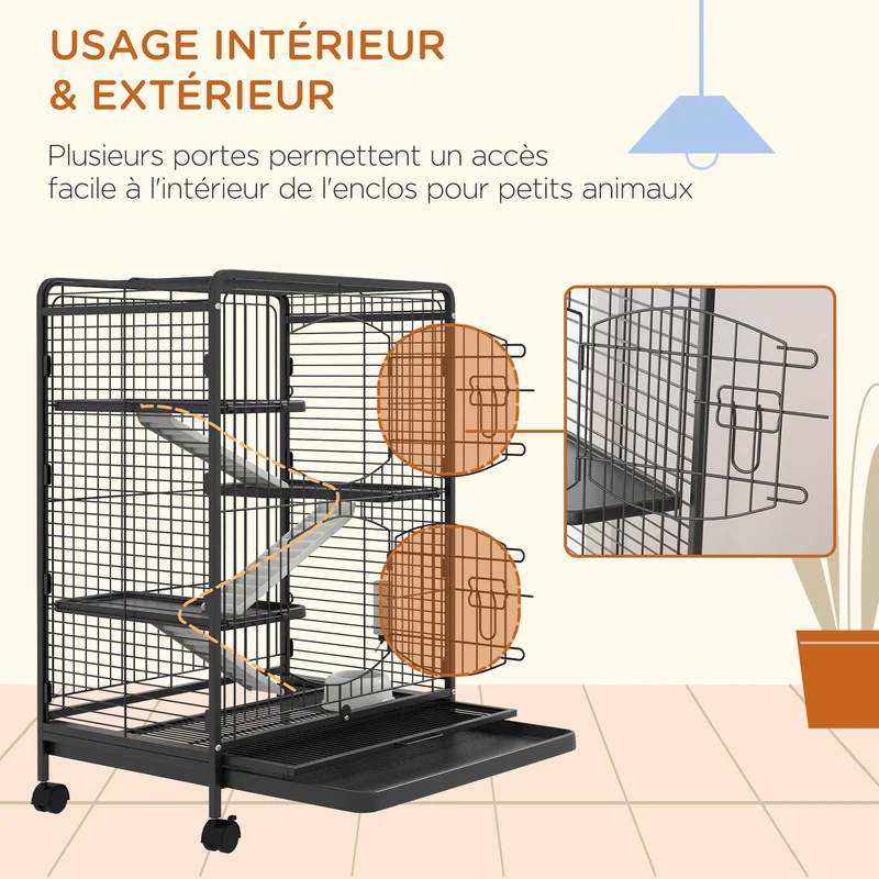Cage pour rongeurs roulante 62 x 44 x 95 cm bac inférieur amovible et roulettes verrouillables moderne en acier noir 21_0007904