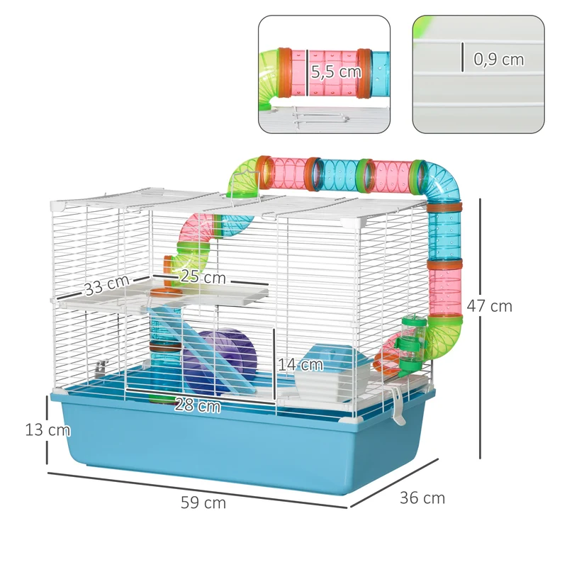 Cage pour hamsters et rongeurs 59 x 36 x 47 cm 3 niveaux avec tunnel pour salon moderne montage facile en acier bleu 21_0007930