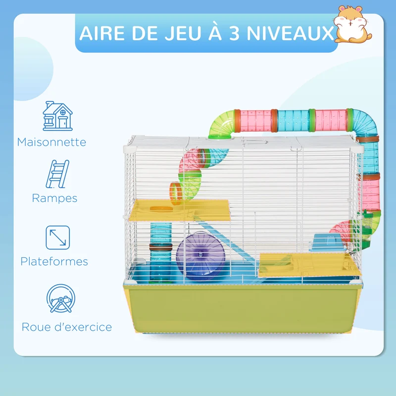 Cage pour hamsters et rongeurs 59 x 36 x 47 cm 3 niveaux avec tunnel pour salon moderne montage facile en acier bleu 21_0007930
