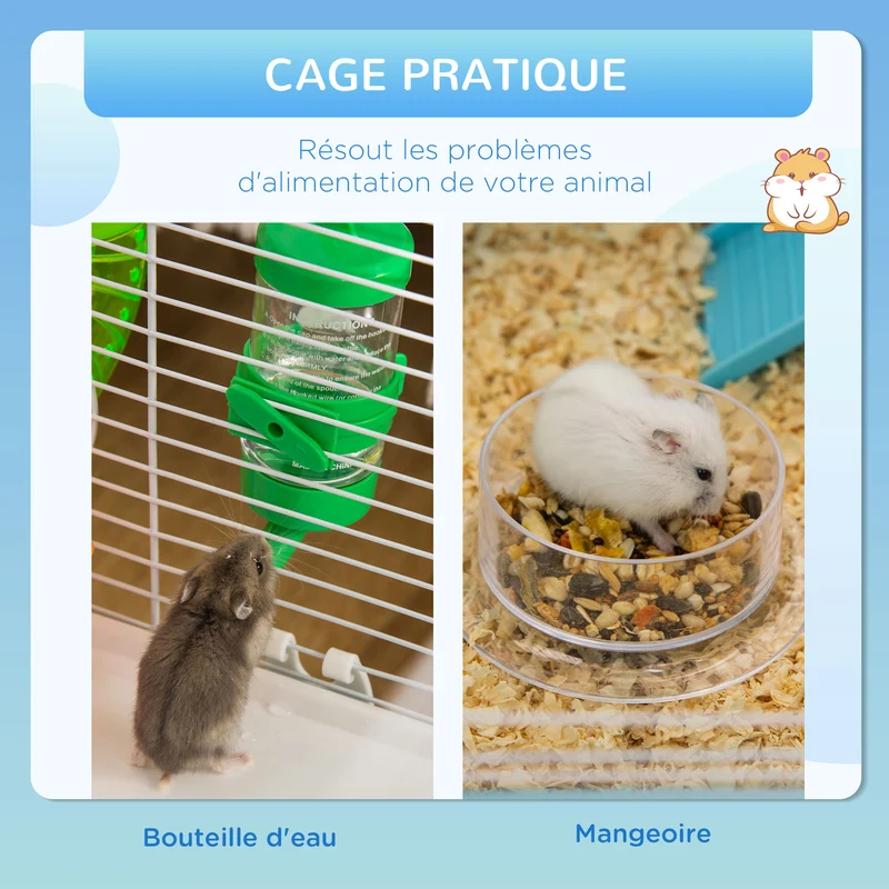 Cage pour hamsters et rongeurs 59 x 36 x 47 cm 3 niveaux avec tunnel pour salon moderne montage facile en acier bleu 21_0007930