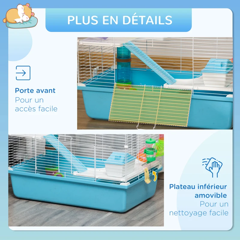 Cage pour hamsters et rongeurs 59 x 36 x 47 cm 3 niveaux avec tunnel pour salon moderne montage facile en acier bleu 21_0007930