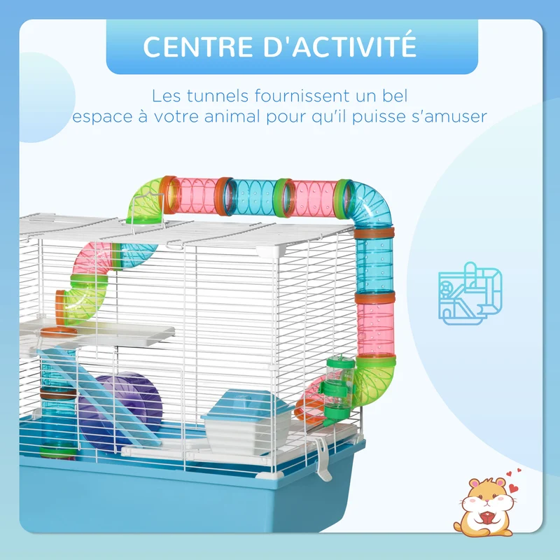 Cage pour hamsters et rongeurs 59 x 36 x 47 cm 3 niveaux avec tunnel pour salon moderne montage facile en acier bleu 21_0007930