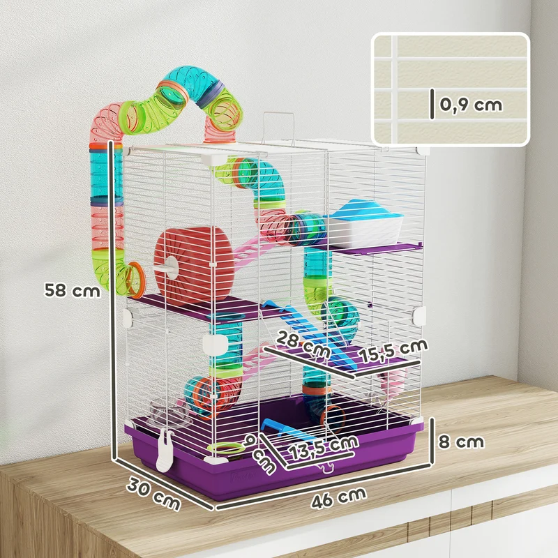 Cage pour hamster multiniveaux 4 étages 46 x 30 x 58 cm espace jeu montage facile moderne contemporain en métal violet 21_0007925