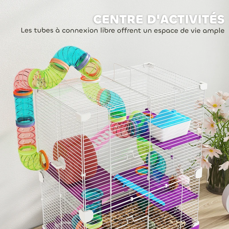 Cage pour hamster multiniveaux 4 étages 46 x 30 x 58 cm espace jeu montage facile moderne contemporain en métal violet 21_0007925