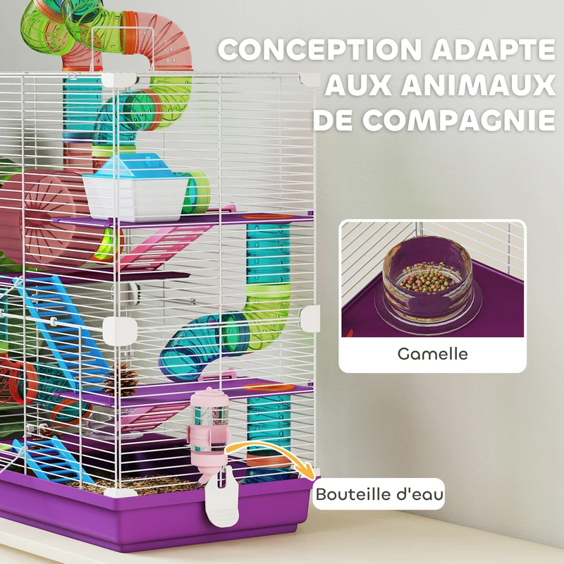 Cage pour hamster multiniveaux 4 étages 46 x 30 x 58 cm espace jeu montage facile moderne contemporain en métal violet 21_0007925