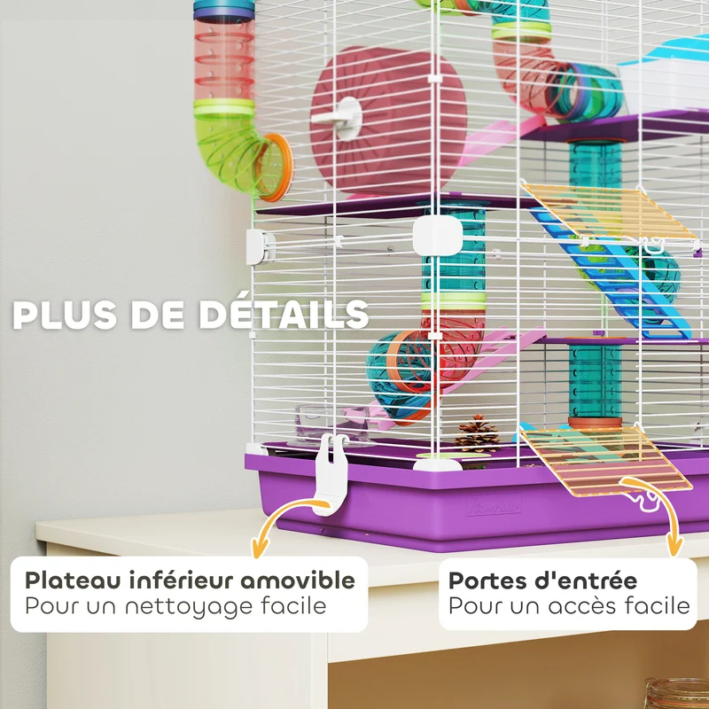 Cage pour hamster multiniveaux 4 étages 46 x 30 x 58 cm espace jeu montage facile moderne contemporain en métal violet 21_0007925