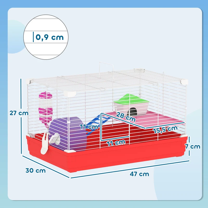 Cage pour hamster 2 niveaux 47 x 30 x 27 cm nettoyage facile poignée de transport moderne épuré cosy en métal blanc 21_0007906