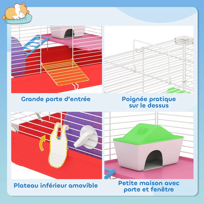 Cage pour hamster 2 niveaux 47 x 30 x 27 cm nettoyage facile poignée de transport moderne épuré cosy en métal blanc 21_0007906
