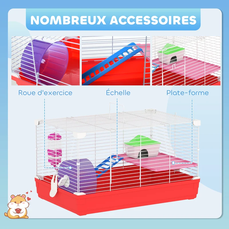 Cage pour hamster 2 niveaux 47 x 30 x 27 cm nettoyage facile poignée de transport moderne épuré cosy en métal blanc 21_0007906