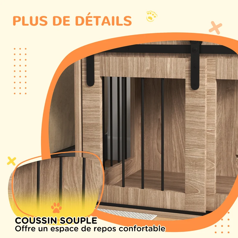 Cage pour chien intérieur porte coulissante 57 x 80 x 54 cm 2 en 1 meuble contemporain en panneau de particules marron 21_0007304