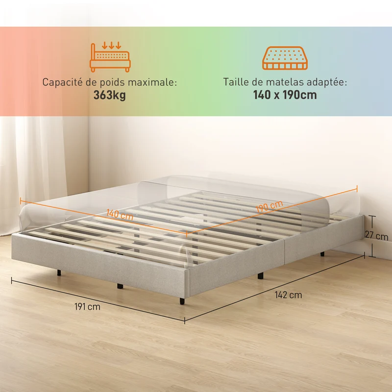 Cadre de lit flottant 191 x 142 x 27 cm éclairage coloré réglable sommier silencieux moderne épuré en polyester beige 21_0003770