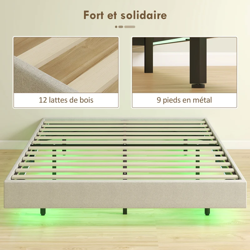 Cadre de lit flottant 191 x 142 x 27 cm éclairage coloré réglable sommier silencieux moderne épuré en polyester beige 21_0003770