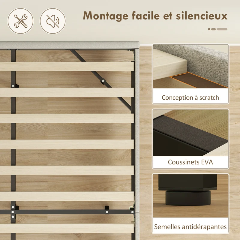 Cadre de lit flottant 191 x 142 x 27 cm éclairage coloré réglable sommier silencieux moderne épuré en polyester beige 21_0003770