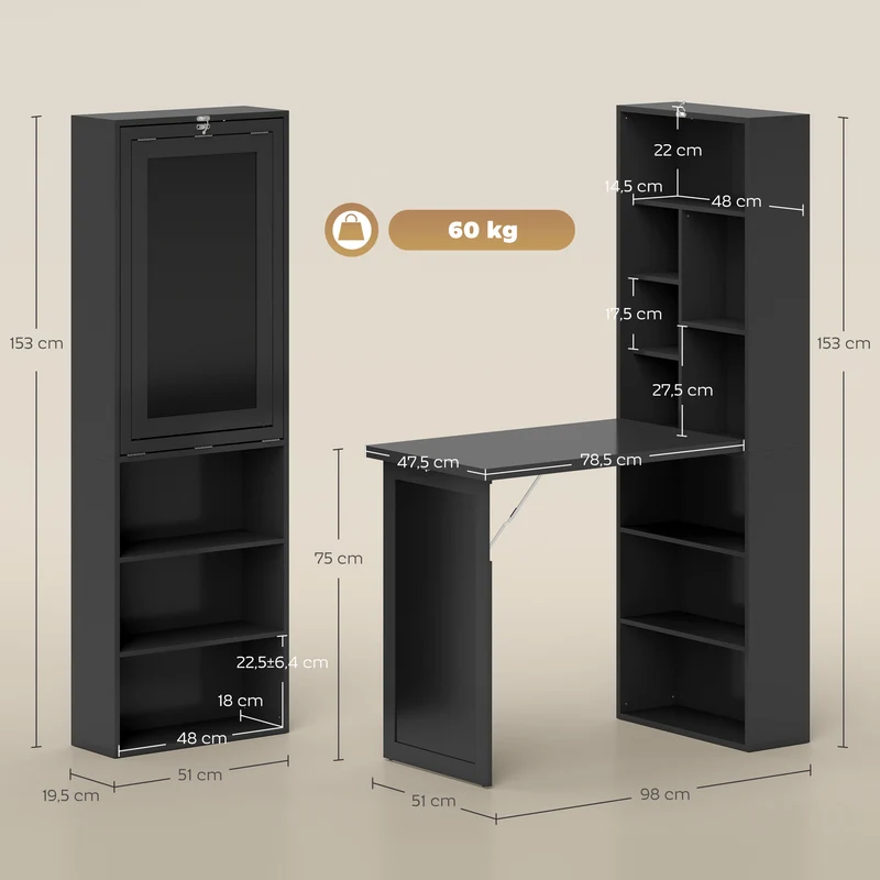 Bureau pliable avec rangements et tableau noir gain de place convertible 98 x 51 x 153 cm pratique moderne en MDF noir 21_0002449