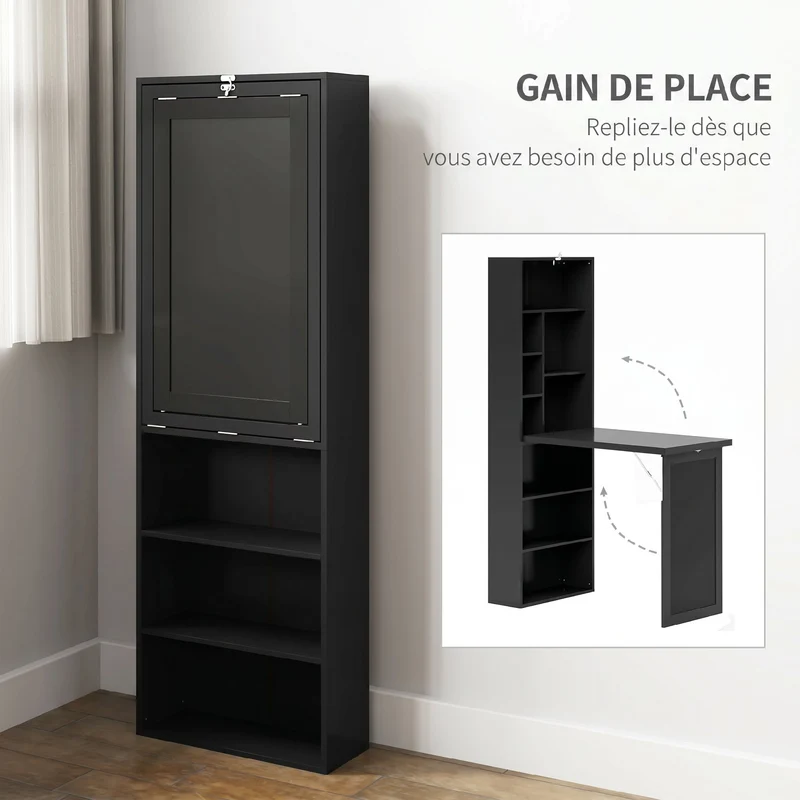 Bureau pliable avec rangements et tableau noir gain de place convertible 98 x 51 x 153 cm pratique moderne en MDF noir 21_0002449