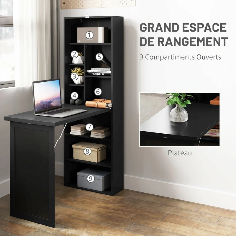 Bureau pliable avec rangements et tableau noir gain de place convertible 98 x 51 x 153 cm pratique moderne en MDF noir 21_0002449