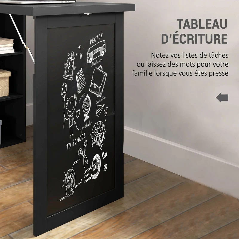 Bureau pliable avec rangements et tableau noir gain de place convertible 98 x 51 x 153 cm pratique moderne en MDF noir 21_0002449