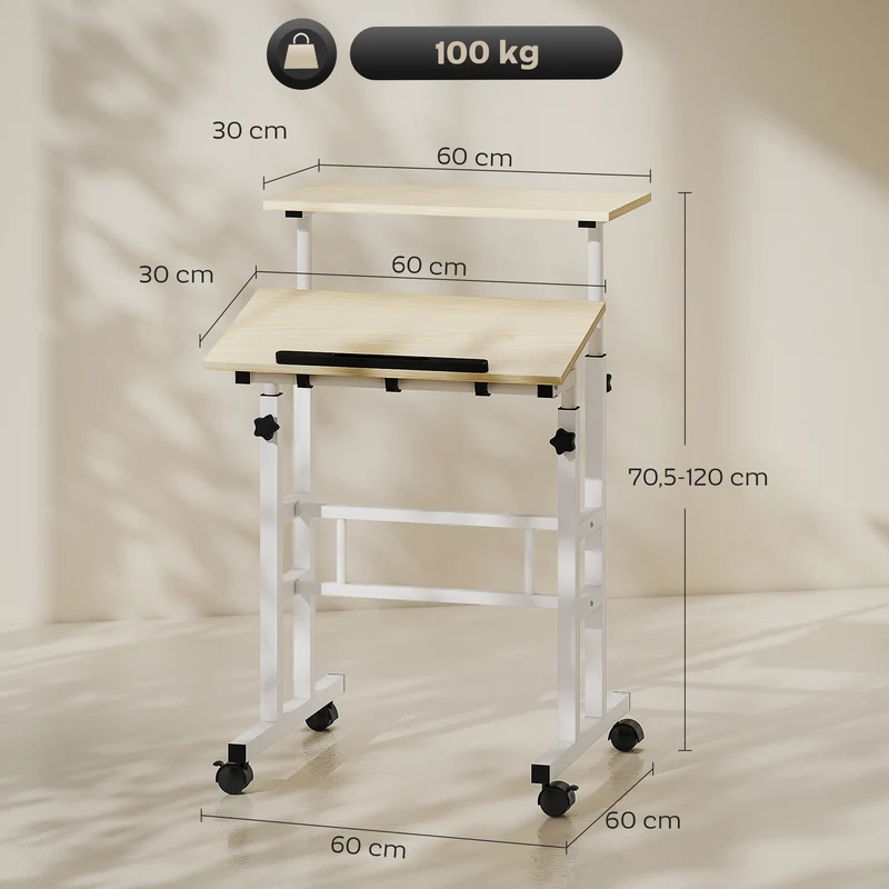 Bureau assis debout réglable hauteur 60 x 60 x 70,5-120 cm inclinable à roulettes double plateau moderne en MDF naturel 21_0002557