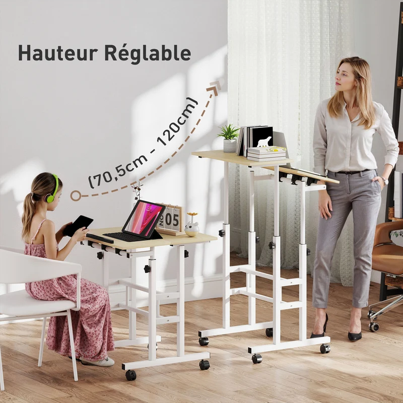 Bureau assis debout réglable hauteur 60 x 60 x 70,5-120 cm inclinable à roulettes double plateau moderne en MDF naturel 21_0002557